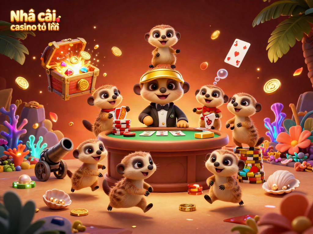 Engage in thrilling gaming action at Nhà cái casino trực tuyến with lively meerkat characters and vibrant casino elements.