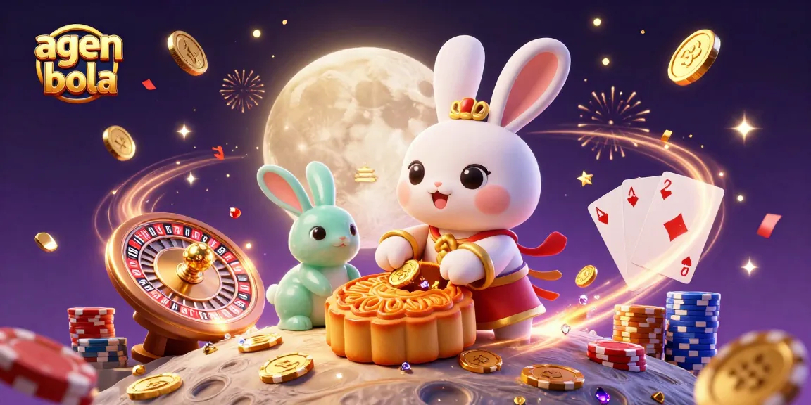 A dynamic scene showcasing the "agen judi bola" features a moon rabbit and jade companion surrounded by casino elements like poker chips and coins.