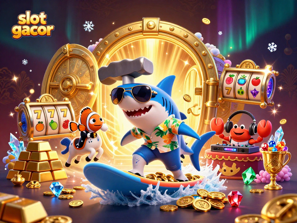 Engage with slot gacor action in a vibrant 3D casino scene featuring playful characters and treasure.