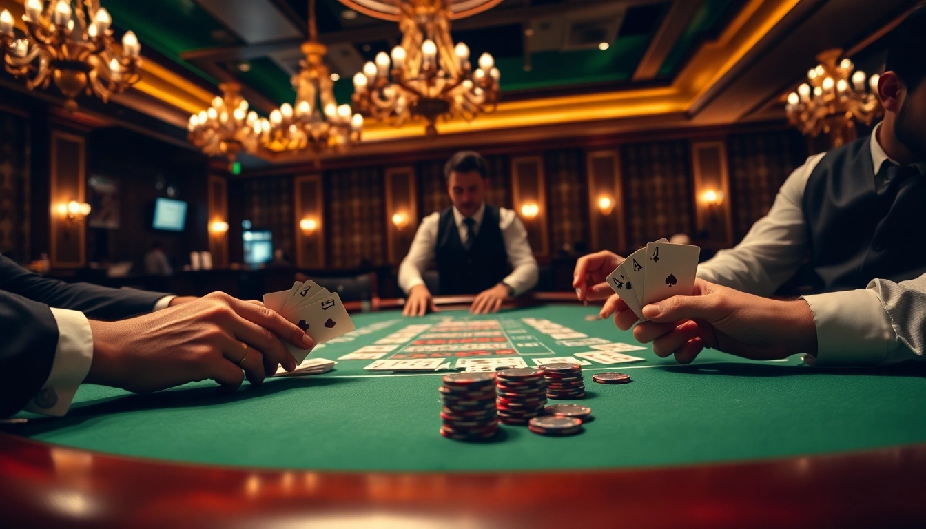 Engaged players enjoying Blackjack Casino in a lively, elegant setting, showcasing individual cards and chips.
