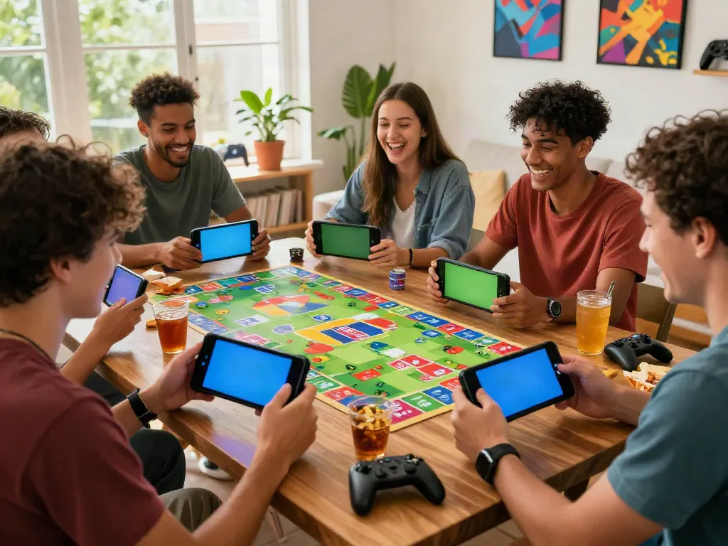 Exciting scene of friends playing rumble rummy together on mobile devices.