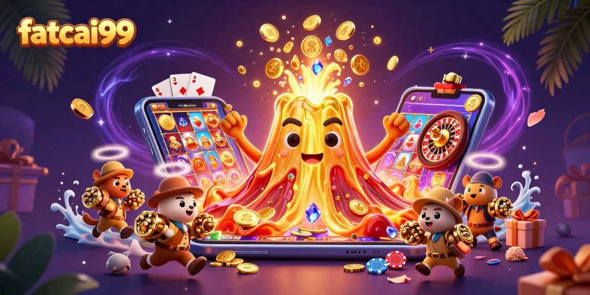 Experience thrilling wins with fatcai99 surrounded by coins and captivating casino elements.