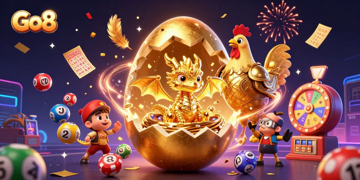 Engage with Go8's vibrant casino world featuring a golden dragon, poker chips, and dynamic lottery elements.