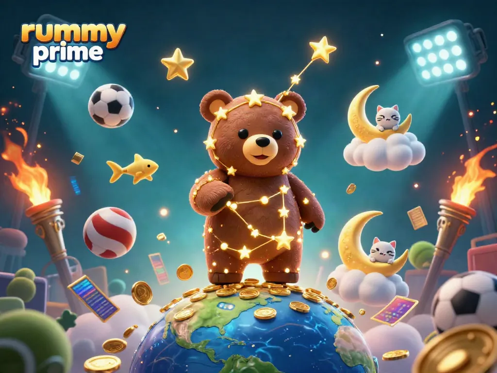 Engage in thrilling rummy prime gameplay with a vibrant 3D constellation bear and dynamic sports elements.