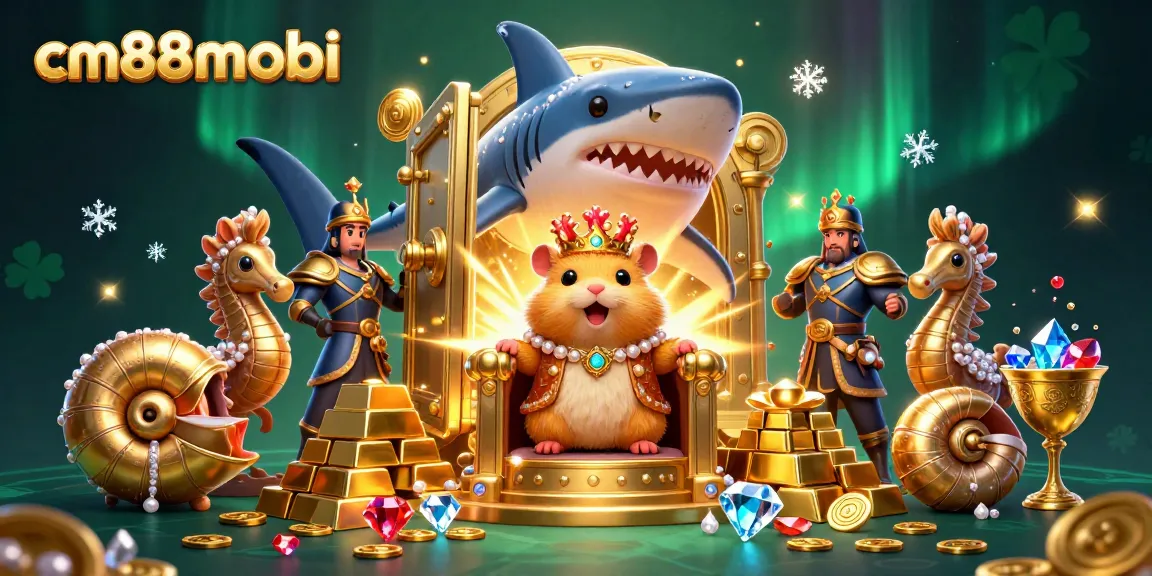Experience excitement at cm88mobi, featuring a playful hamster king in a treasure-filled casino scene.