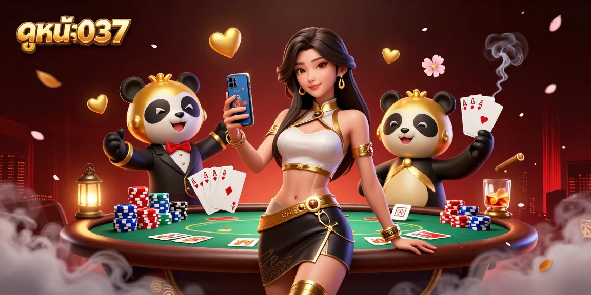 Engage in thrilling casino games with ดูหนัง037, showcasing an Asian woman and a golden panda mascot.