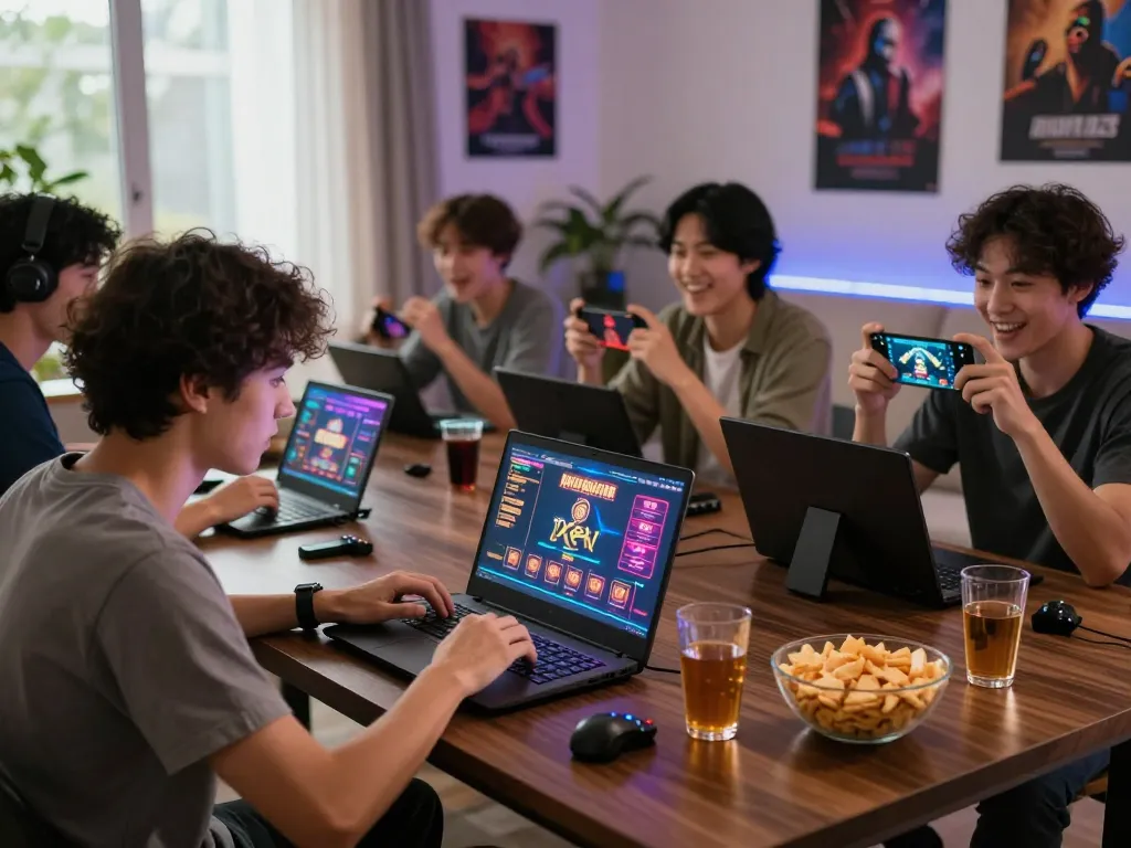 Engaging scene of players on devices exploring 88aa's gaming platforms, showcasing excitement in a cozy home environment.