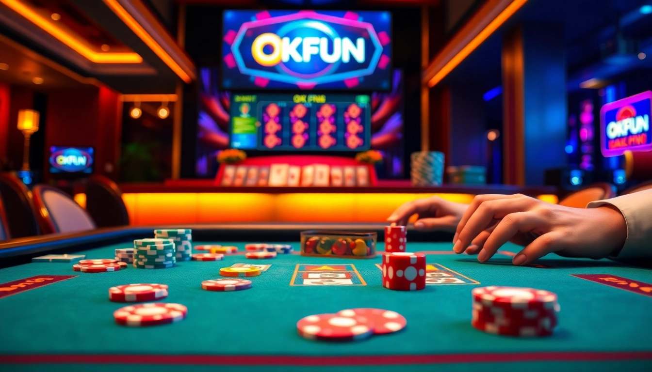 Exciting scene of the OKFUN game at a luxurious casino table with colorful chips and cards.