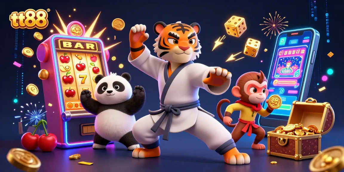 Engage with tt88's vibrant casino scene featuring a kung fu tiger and panda amidst jackpot excitement.