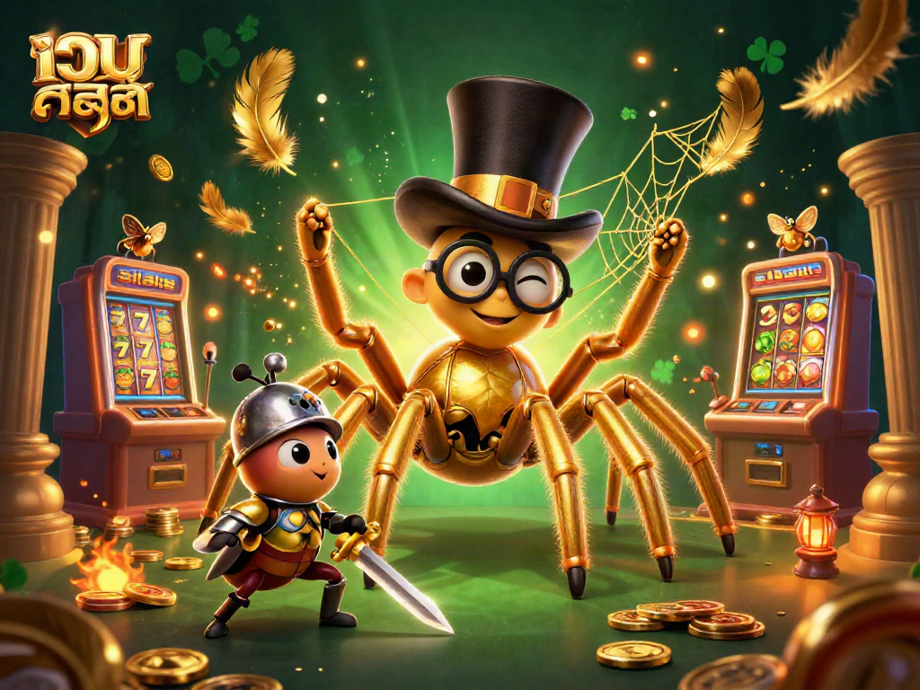 Experience เว็บสล็อต action with a golden tarantula and beetle knight in a vibrant casino scene.