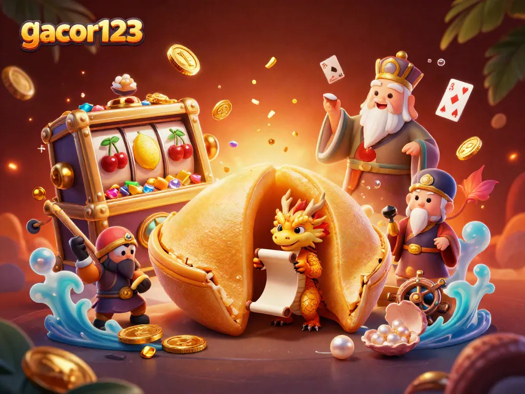 Engage with gacor123's exciting slots scene featuring a golden fortune cookie and dynamic game elements.