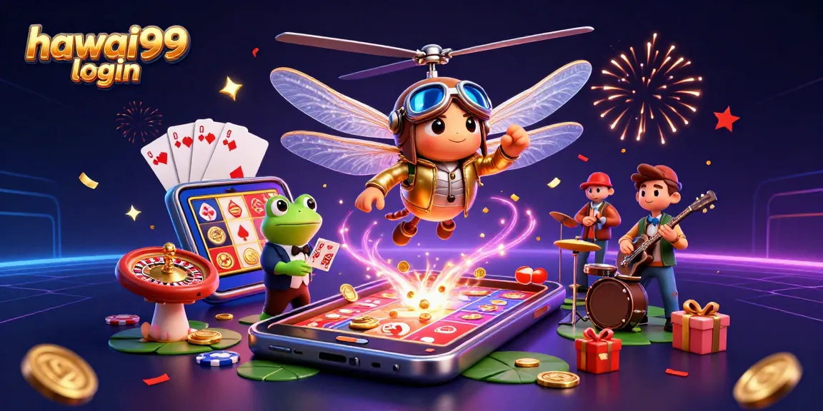 Win big with hawai99 login, featuring a vibrant casino scene with playful characters and exciting game elements.