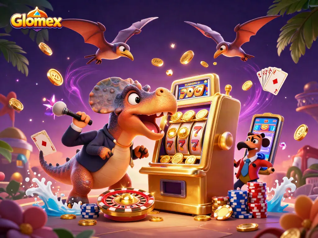 Glomex showcases a thrilling casino scene with cartoon dinosaurs and golden slot machine action.