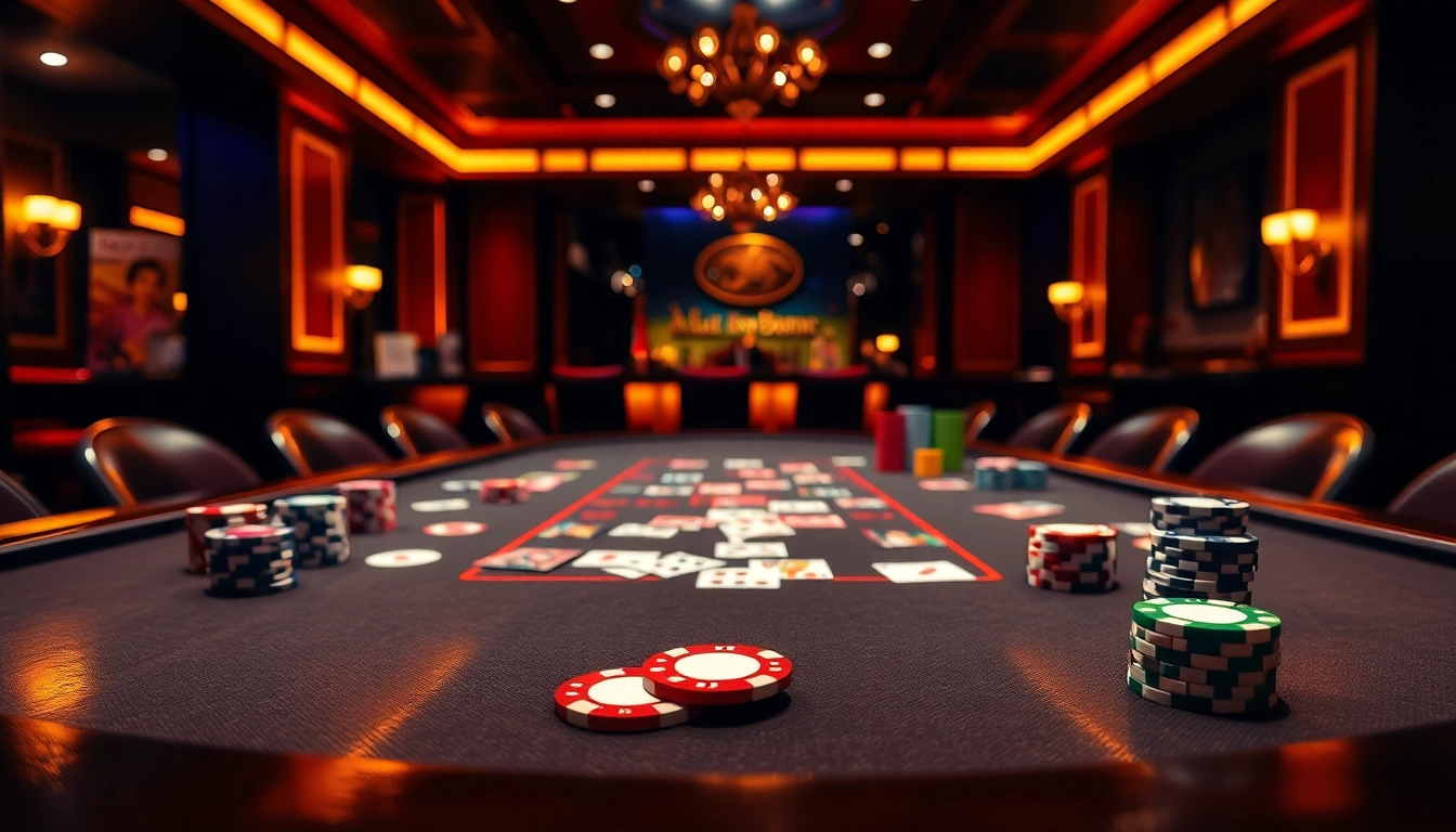 Rasakan sensasi permainan kasino bbni4d dengan meja poker mewah dan tumpukan chip berwarna cerah.