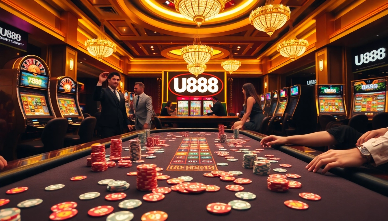 Exciting casino action at U888 com with poker chips, slot machines, and enthusiastic players.