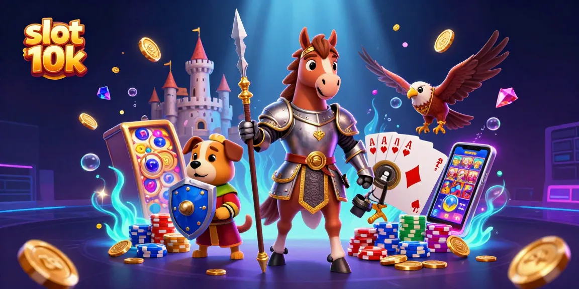 Engage with slot 10k action featuring a knight and puppy surrounded by casino elements.