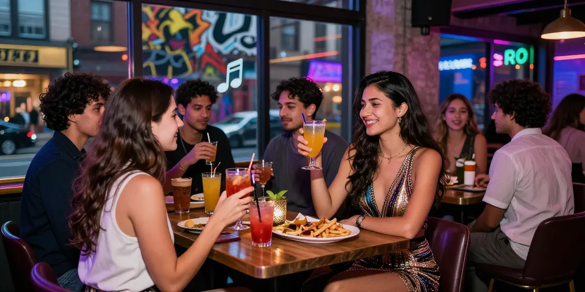 Gái gọi với bạn bè trong không gian bar sôi động, đêm thành phố.