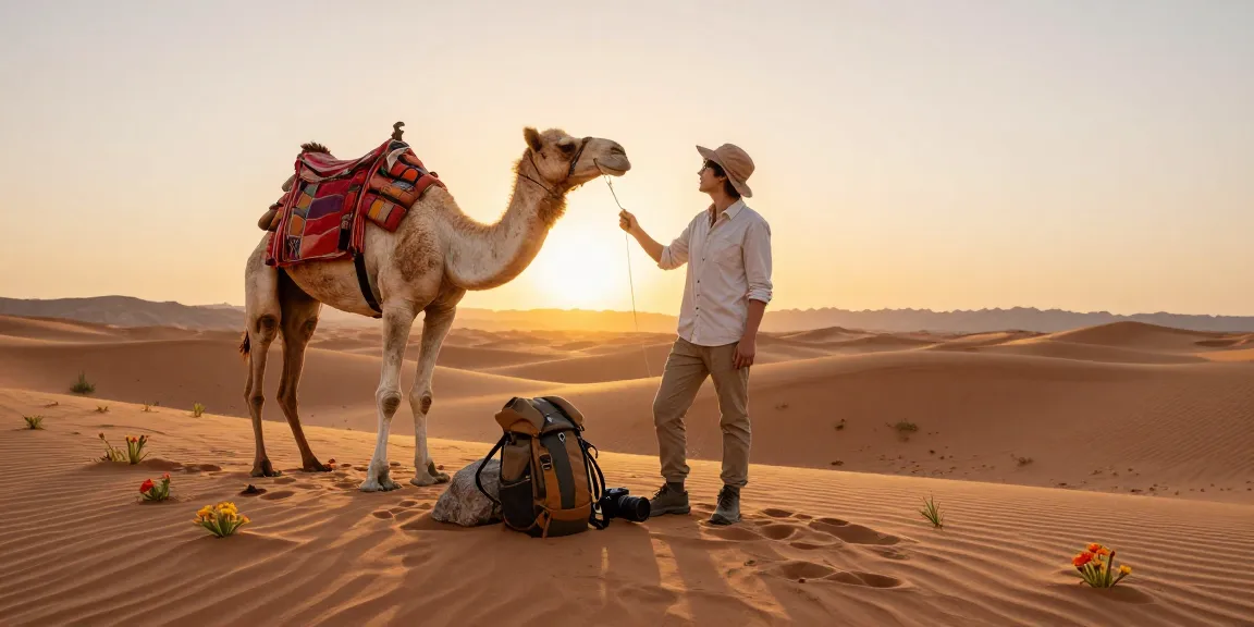 Desert safari scene featuring a camel and hiker with sunset hues, exploring outdoor slots.