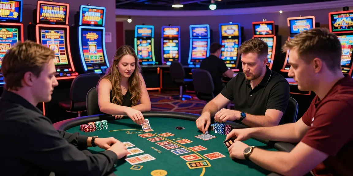 Engaged UK players enjoying games at casinos that accept credit cards, vibrant atmosphere with credit card transactions.