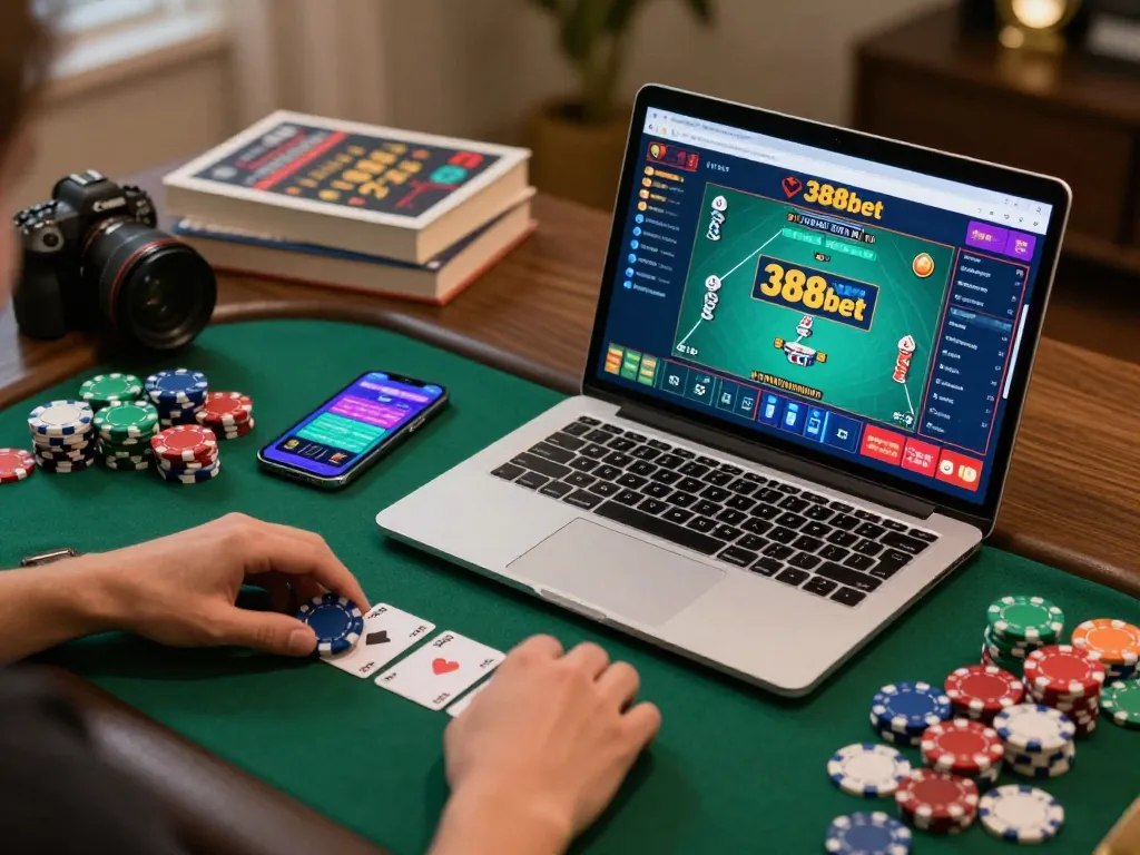 Engaged player using 388bet for online poker with colorful chips and strategic notes in a cozy environment.
