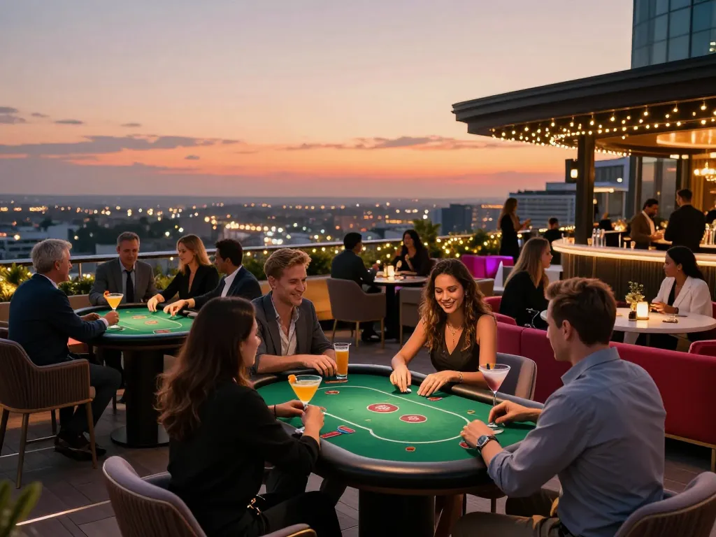 Players enjoy situs slot games while socializing at a stylish casino rooftop bar during sunset