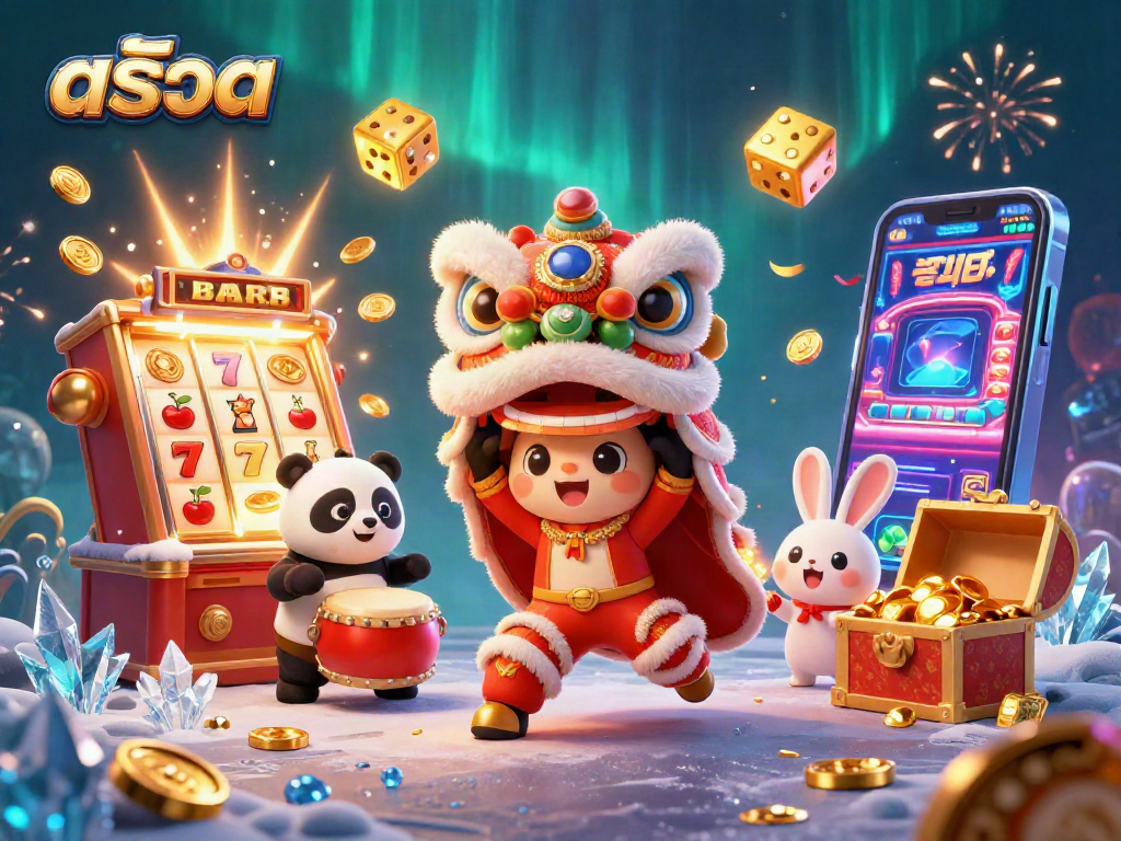 Engage in exciting สล็อต adventures featuring a lively lion dance costume in a vibrant casino scene.