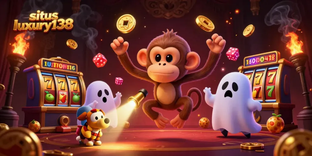 Permainan menarik di situs luxury138 dengan karakter monyet poltergeist dan anjing pengejar hantu.