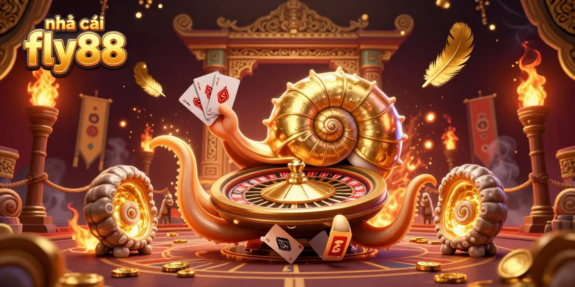 Engage with nhà cái fly88 in a vibrant casino scene featuring a giant nautilus roulette wheel.