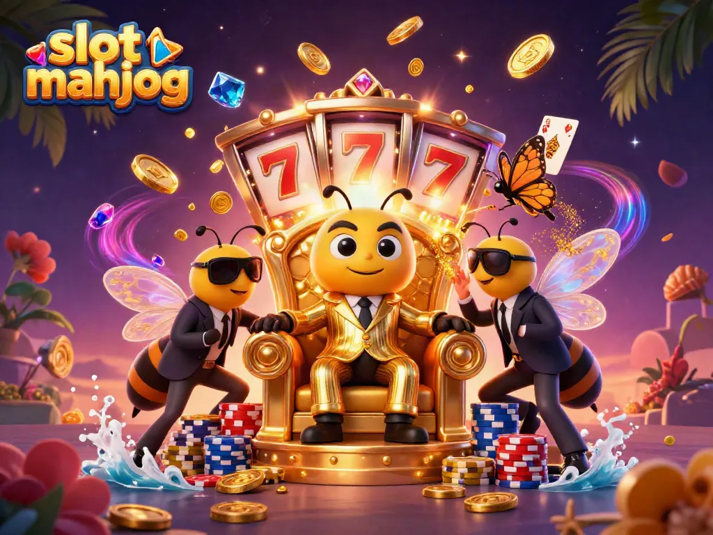Experience thrilling slot mahjong action with a vibrant casino-themed 3D illustration showcasing characters, coins, and slot reels.
