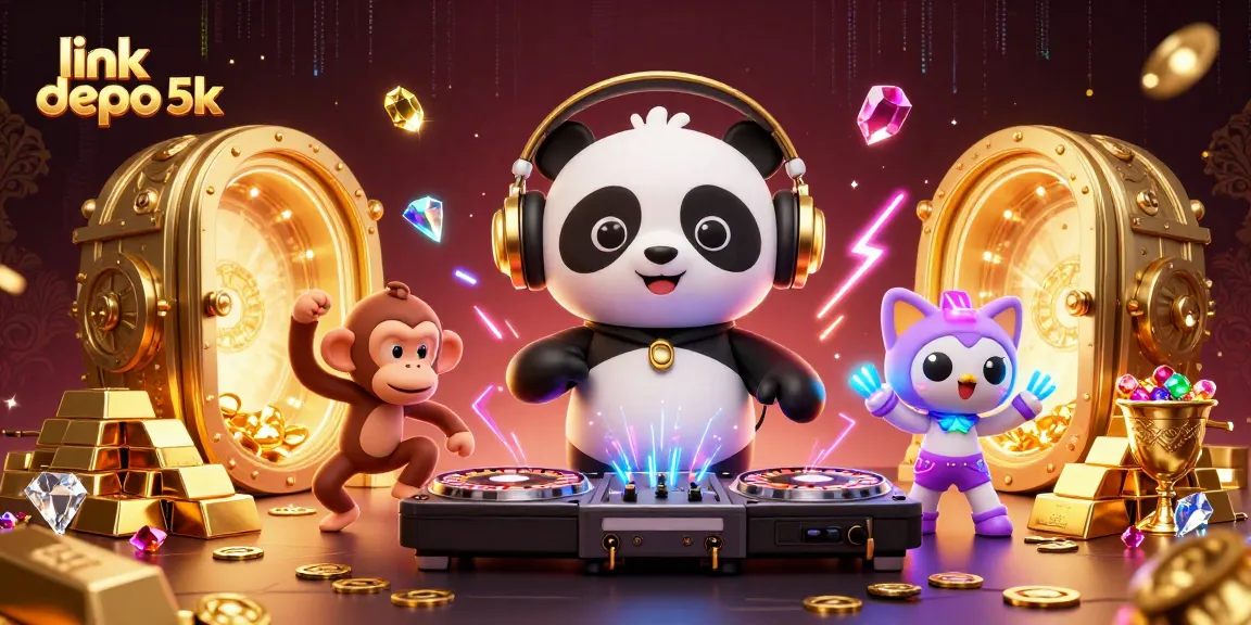 Experience gambling excitement with link depo 5k in a vibrant scene of 3D cartoon characters celebrating riches and winning.