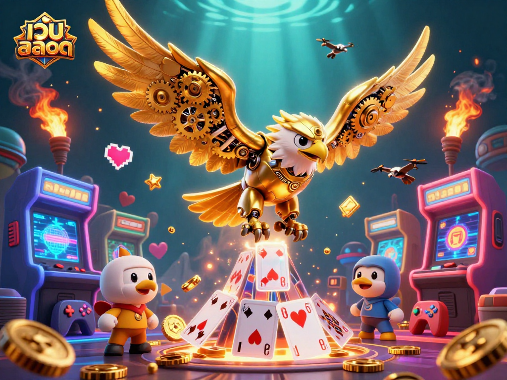 Explore exciting เว็บสล็อต slots with golden eagle amidst holographic cards and dynamic arcade elements.