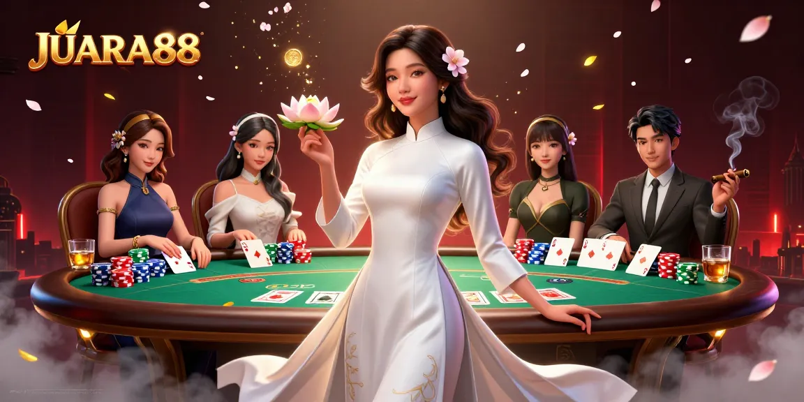 Engage with JUARA88 while exploring highly detailed casino gameplay featuring dynamic poker elements and an elegant character.