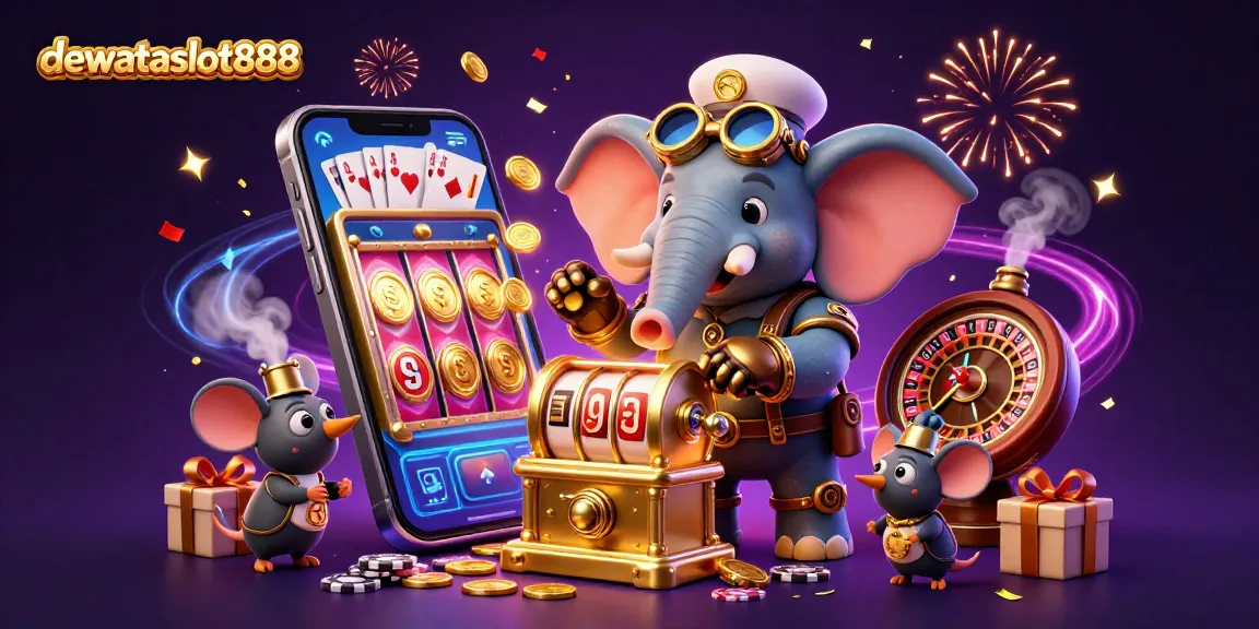 dewataslot888 menghadirkan suasana kasino dengan karakter gajah steampunk dan mesin slot dalam gambar yang menarik perhatian.