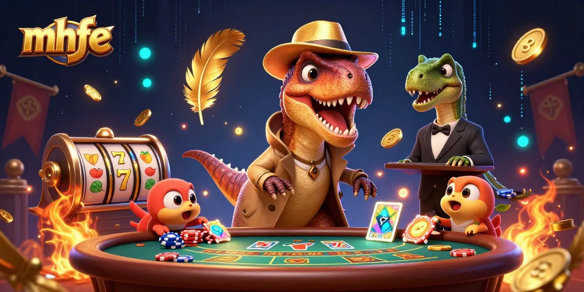 Experience thrilling gaming at mhfe with a velociraptor card counter and dynamic casino elements.