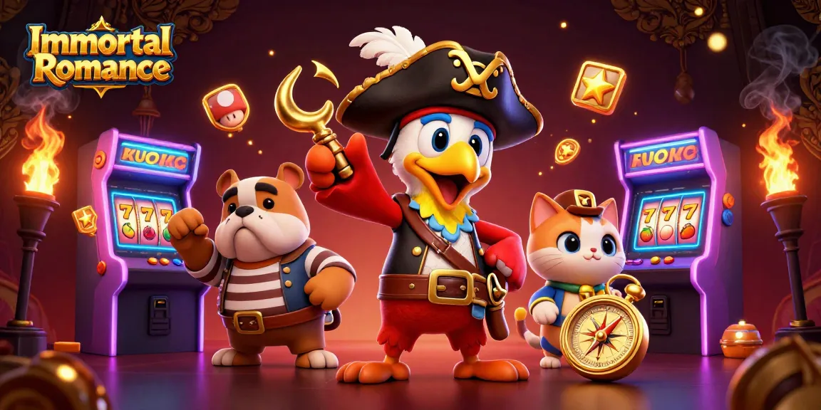 Play Immortal Romance with a pirate captain parrot leading animated slot reels and vibrant game elements.