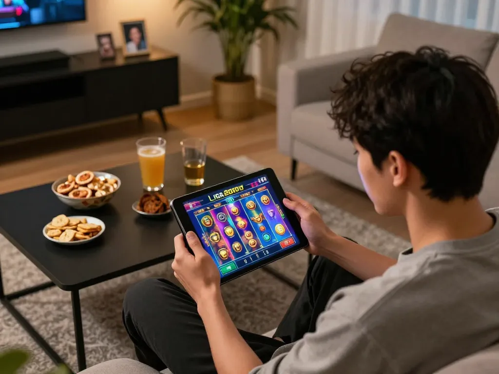 LIGA2000 player strategizing online slots from a cozy home setup with engaging gameplay.