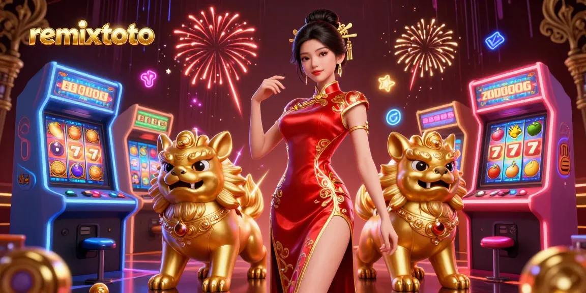 Experience remixtoto with a glamorous Asian woman amidst colorful casino game elements.