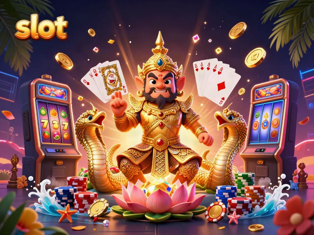 Engage with slot excitement in this vibrant casino-themed 3D illustration featuring unique guardian characters.