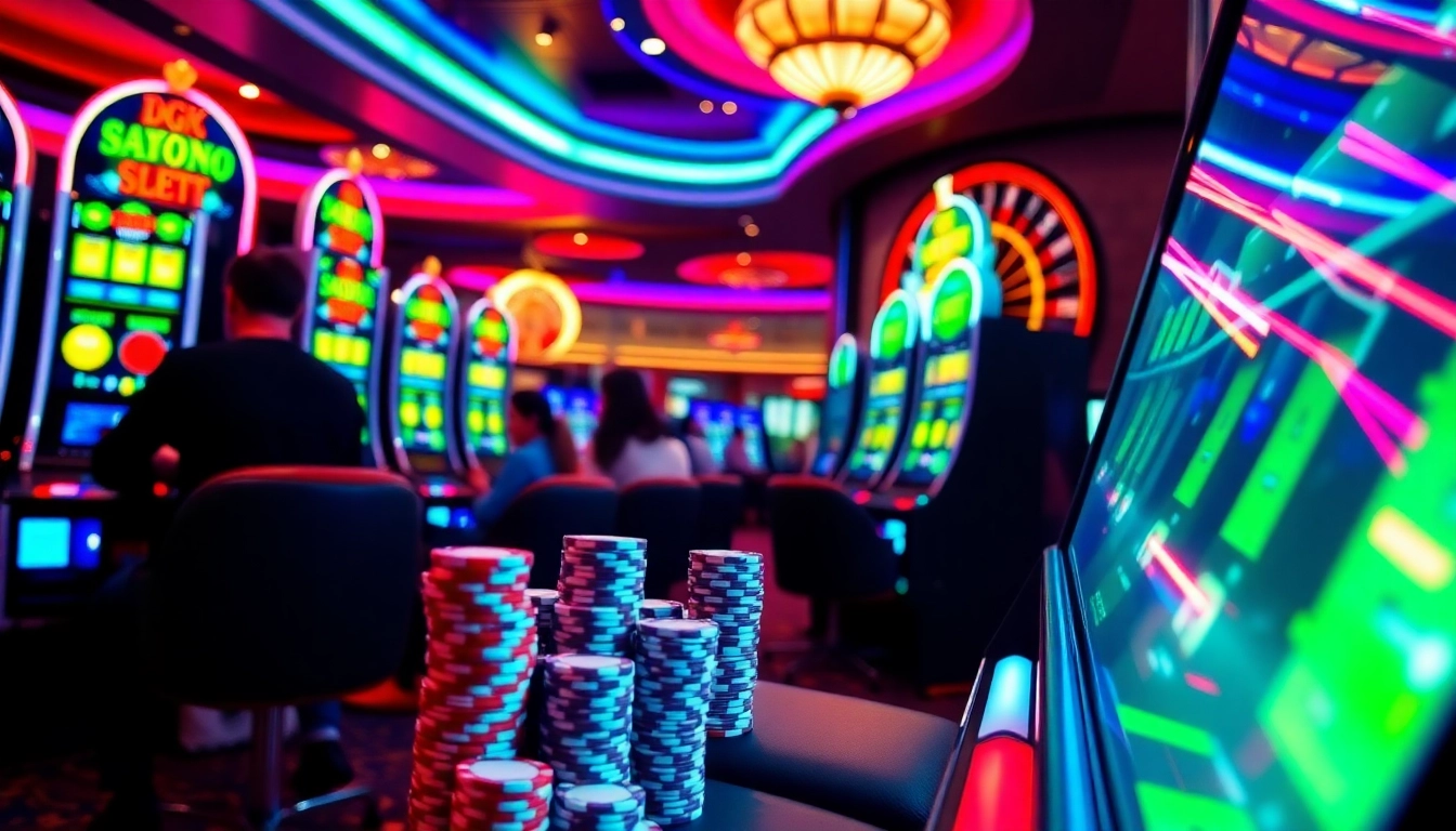 Excited players engaging in qqmacan slot amidst colorful casino slot machines and poker chips.