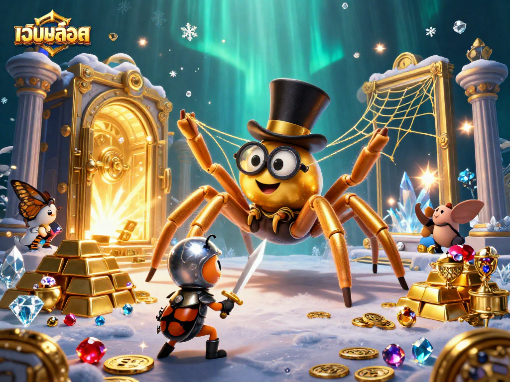 Spin to win with เว็บสล็อต at Panda899, featuring a vibrant 3D casino scene with characters and treasures.