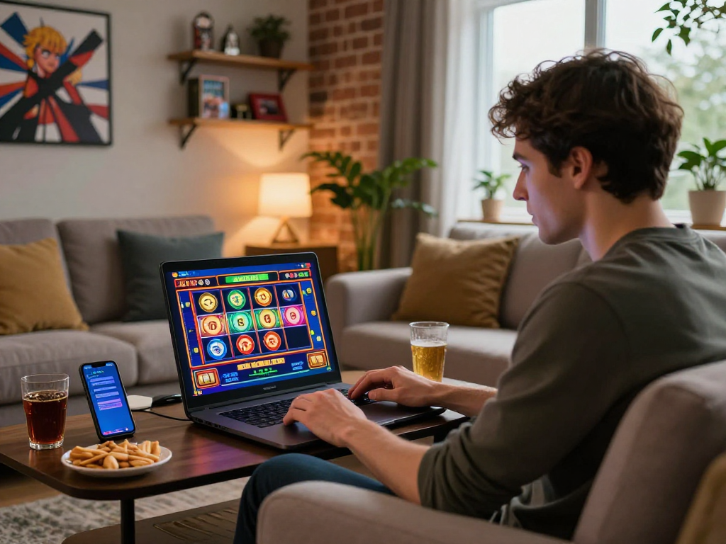 Exciting USA online casinos experience with UK player enjoying online slots from home.