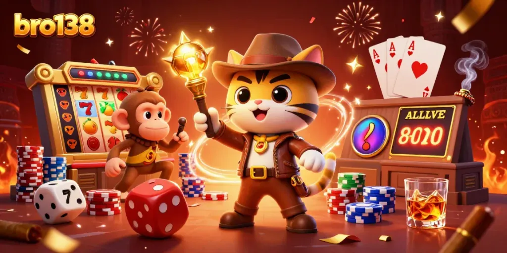 Spin slots at bro138 with a cat explorer finding treasures in a vibrant casino-themed temple.