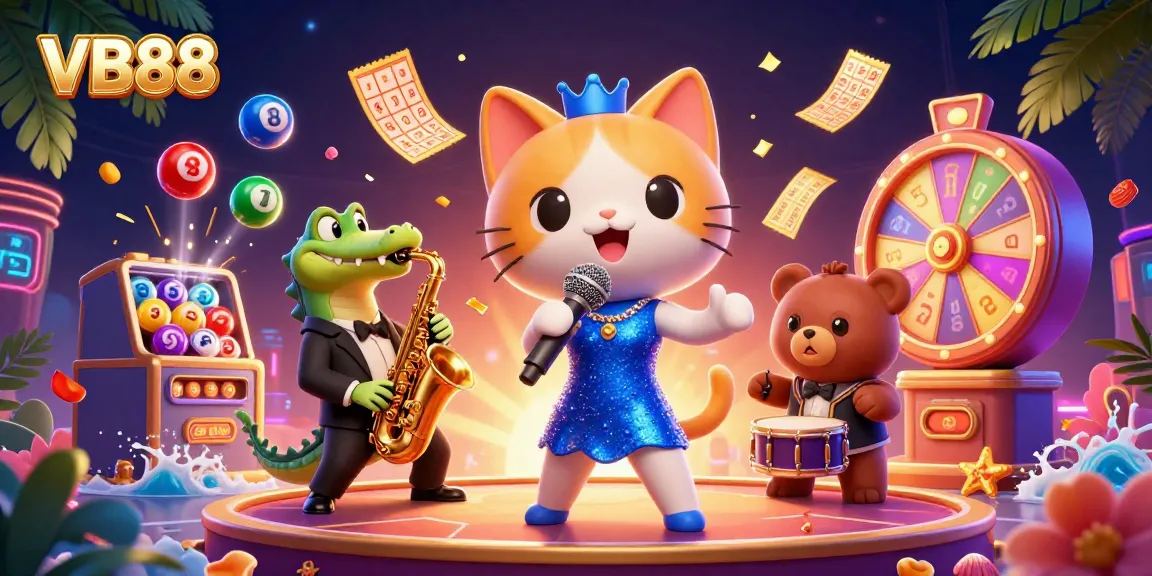 VB88 lively casino illustration featuring a jazz-singer cat, saxophone crocodile, and drum bear cub.