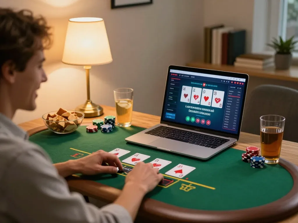 Engaging in an ATQ online blackjack game at home, showcasing an interactive gaming environment.