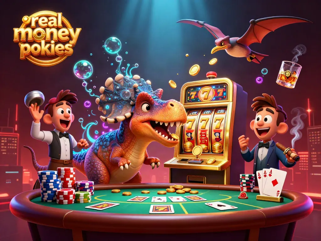 Enjoy real money online pokies with exciting jackpot moments in a vibrant casino illustration