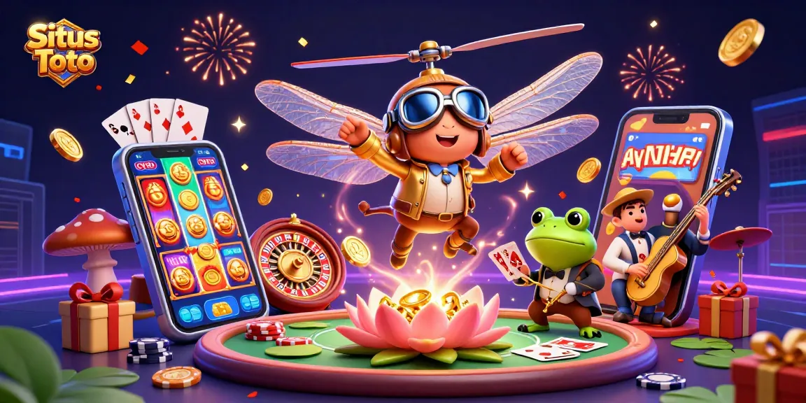 Situs Toto illustration showing a dynamic scene with a dragonfly pilot and frog croupier amidst casino elements.