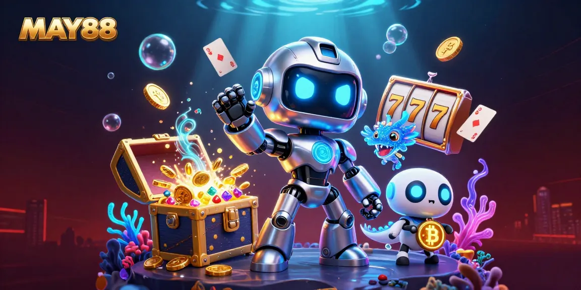 Experience winning at MAY88 with an exciting 3D casino scene featuring vibrant gaming elements and characters.
