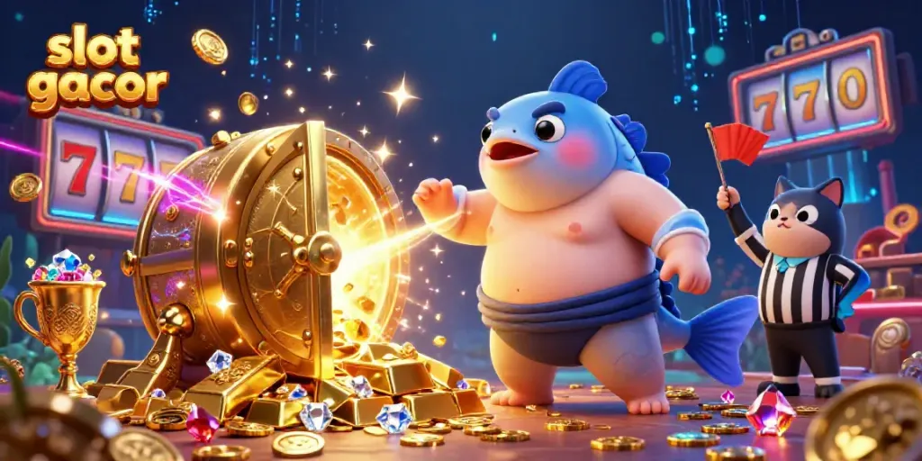 Experience the thrill of slot gacor with vibrant characters and glowing treasure in this dynamic underwater scene.