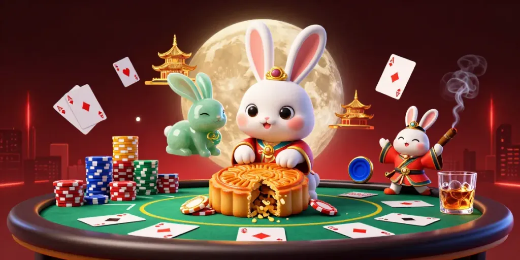 Experience dealmantap excitement with a vibrant casino scene featuring a moon rabbit and poker chips.