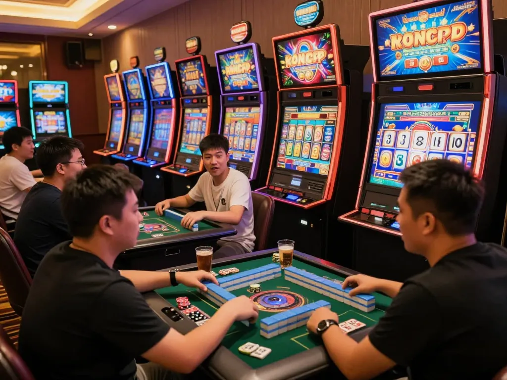 Players enjoying slot mahjong games with animated reels and vibrant screens in a lively casino atmosphere.